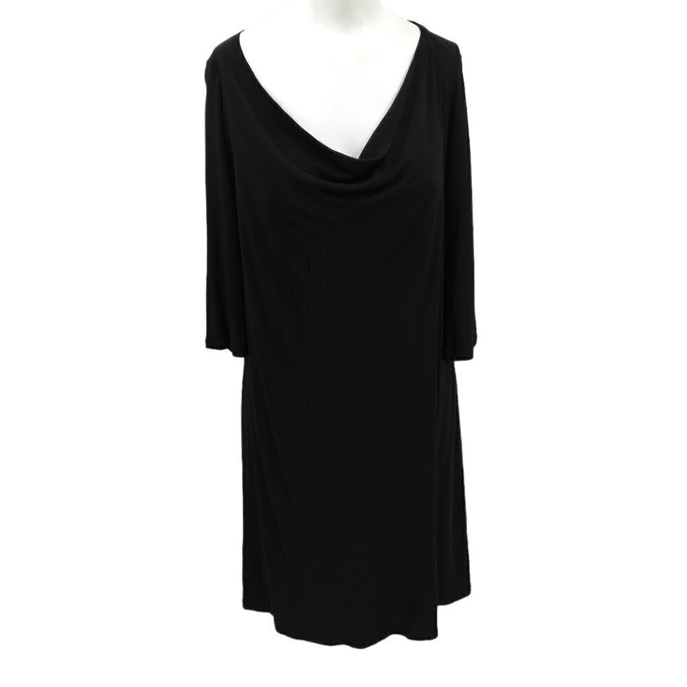 Eileen Fisher 100% Silk Black Draped Cowl 3/4 Sleeve Dress Size S Shift Knee